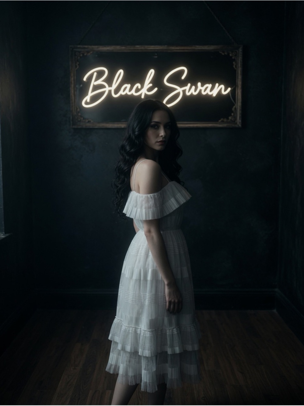 Black Swan White Ruffled Midi Dress with Spaghetti Straps